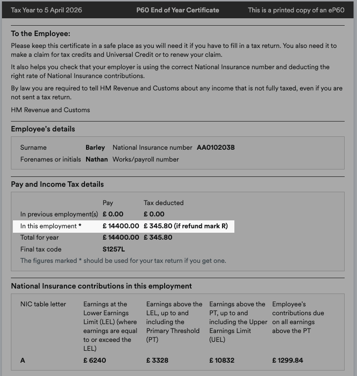 pay and tax figures highlighted on a P60
