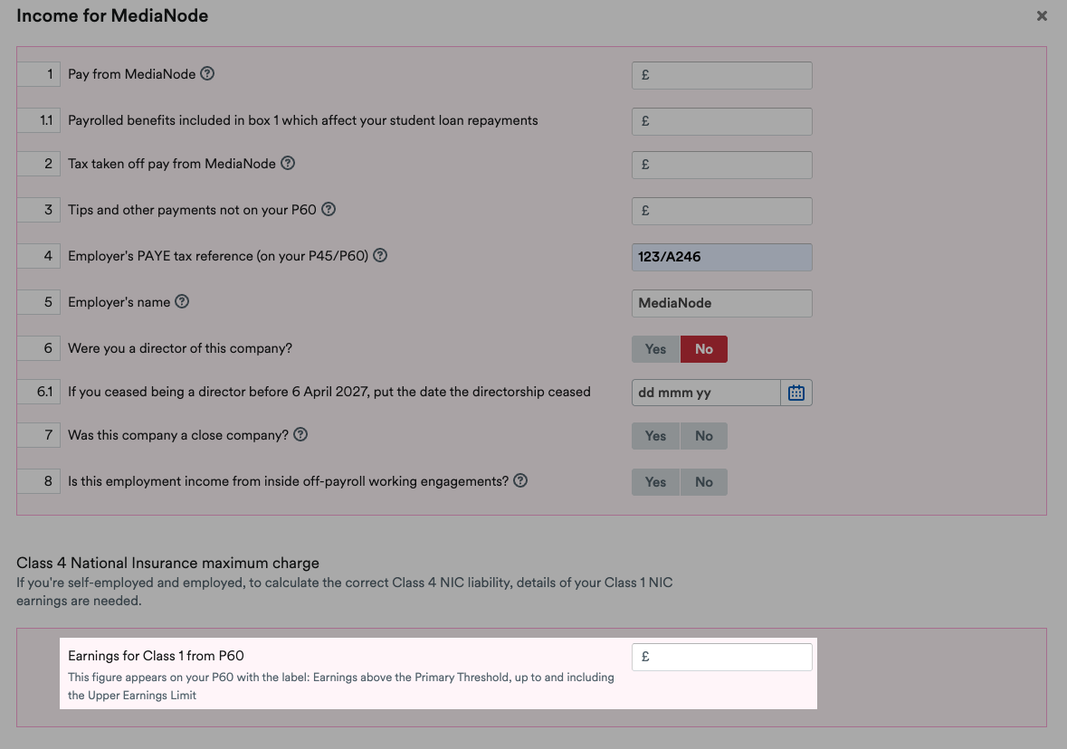 Earnings for class 1 from p60 field on Employment page