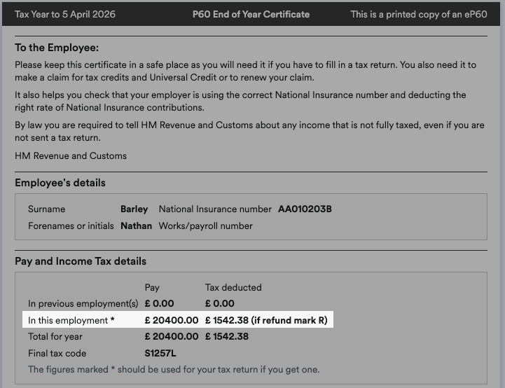 Pay and tax deducted highlighted on a P60