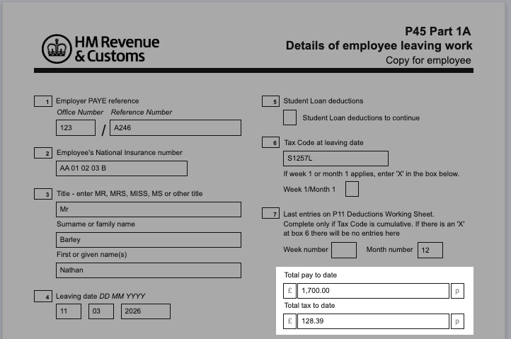 Pay and tax deducted highlighted on a P45