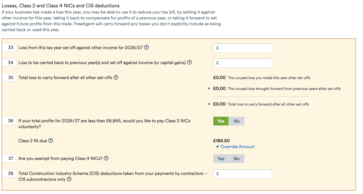 Losses section of Self-employment page