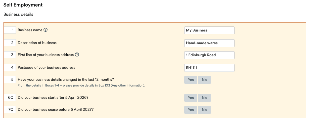 Business details section of Self-Employment page