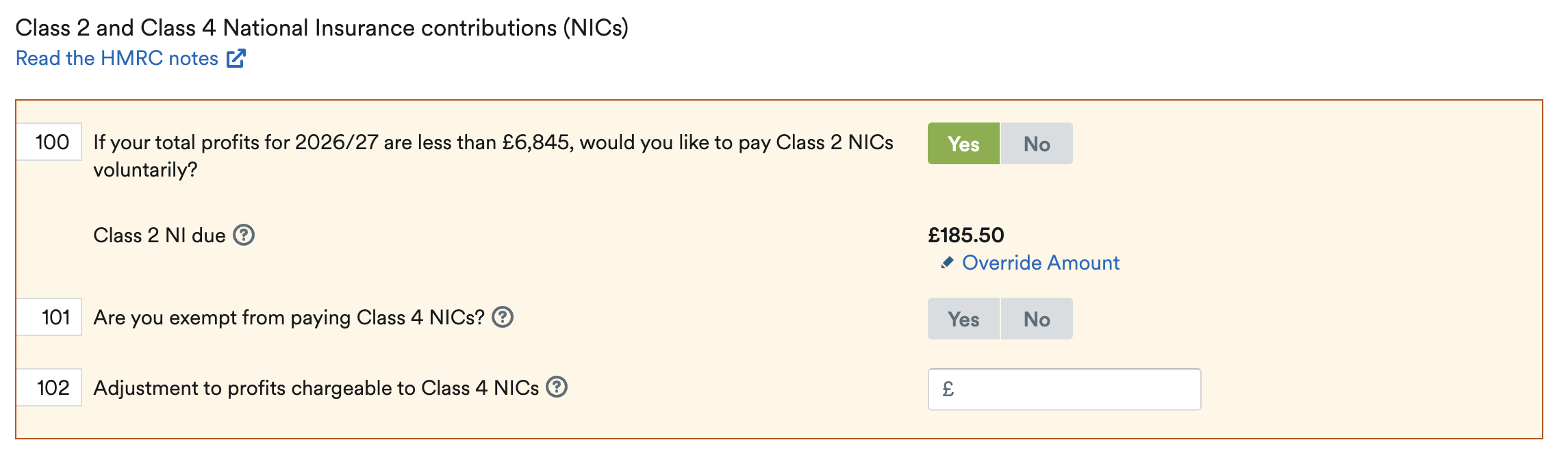 National Insurance contributions section of self employment page