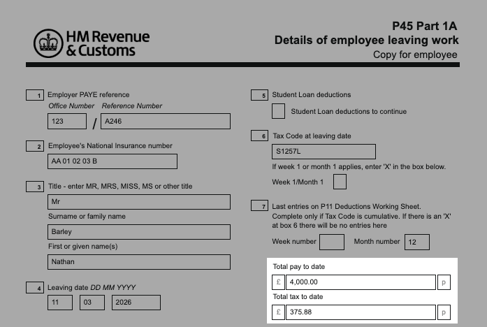 Total pay and tax to date highlighted on a P45Total pay and tax to date highlighted on a P45