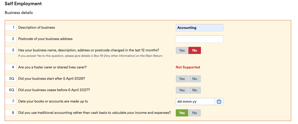 Business details section of Self-Employment page