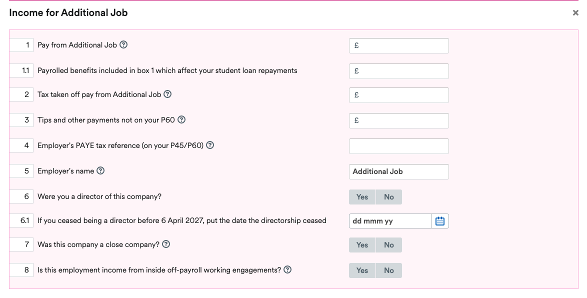 Form for entering income for additional job