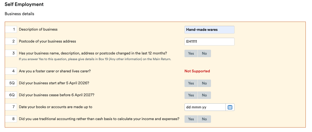 Business details section of Self-Employment page