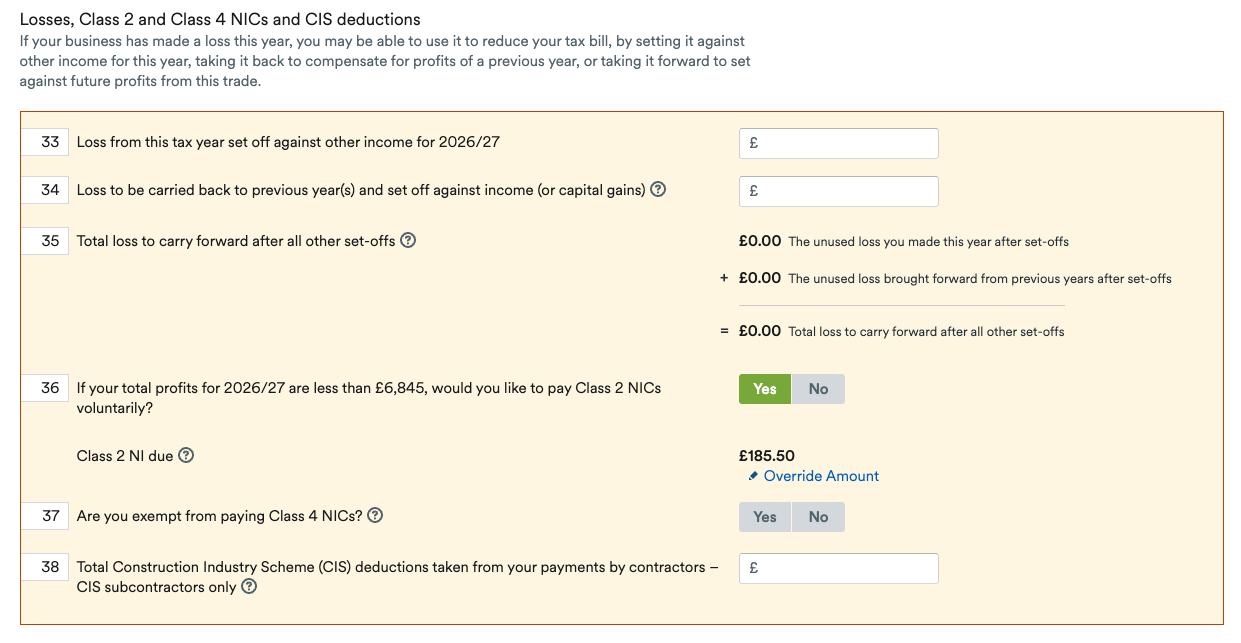 Losses, class two and four national insurance contributions and CIS deductions boxes