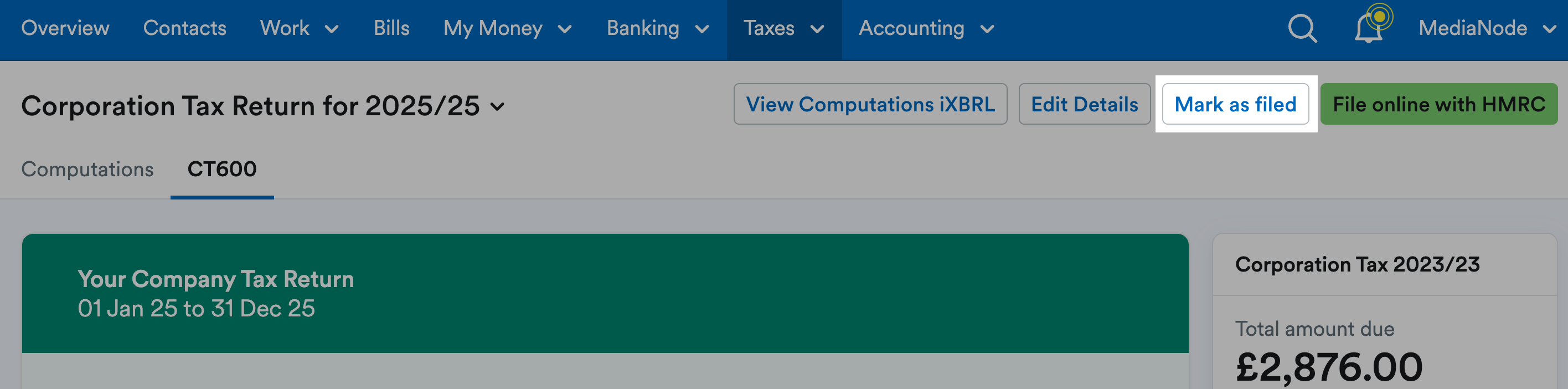'Mark as filed' button highlighted at the top of the return.
