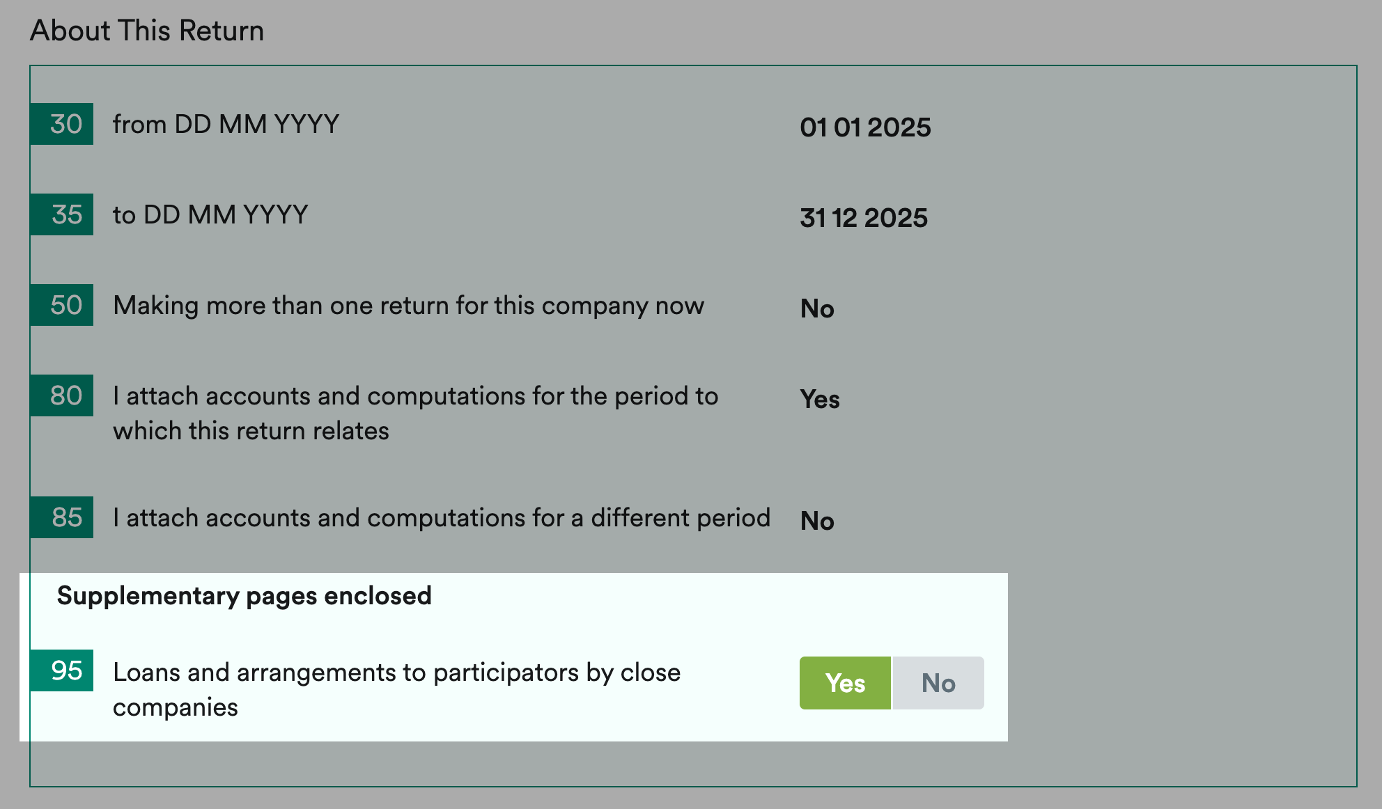 Box 95 highlighted with 'Yes' marked to enable CT600A page.