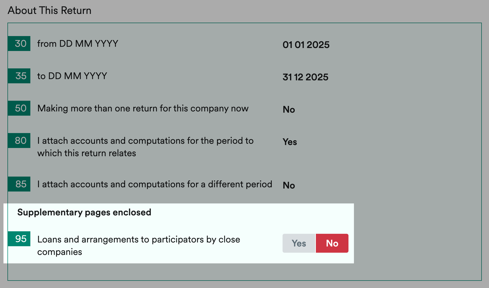 Box 95 highlighted with 'No' marked to disable CT600A page.
