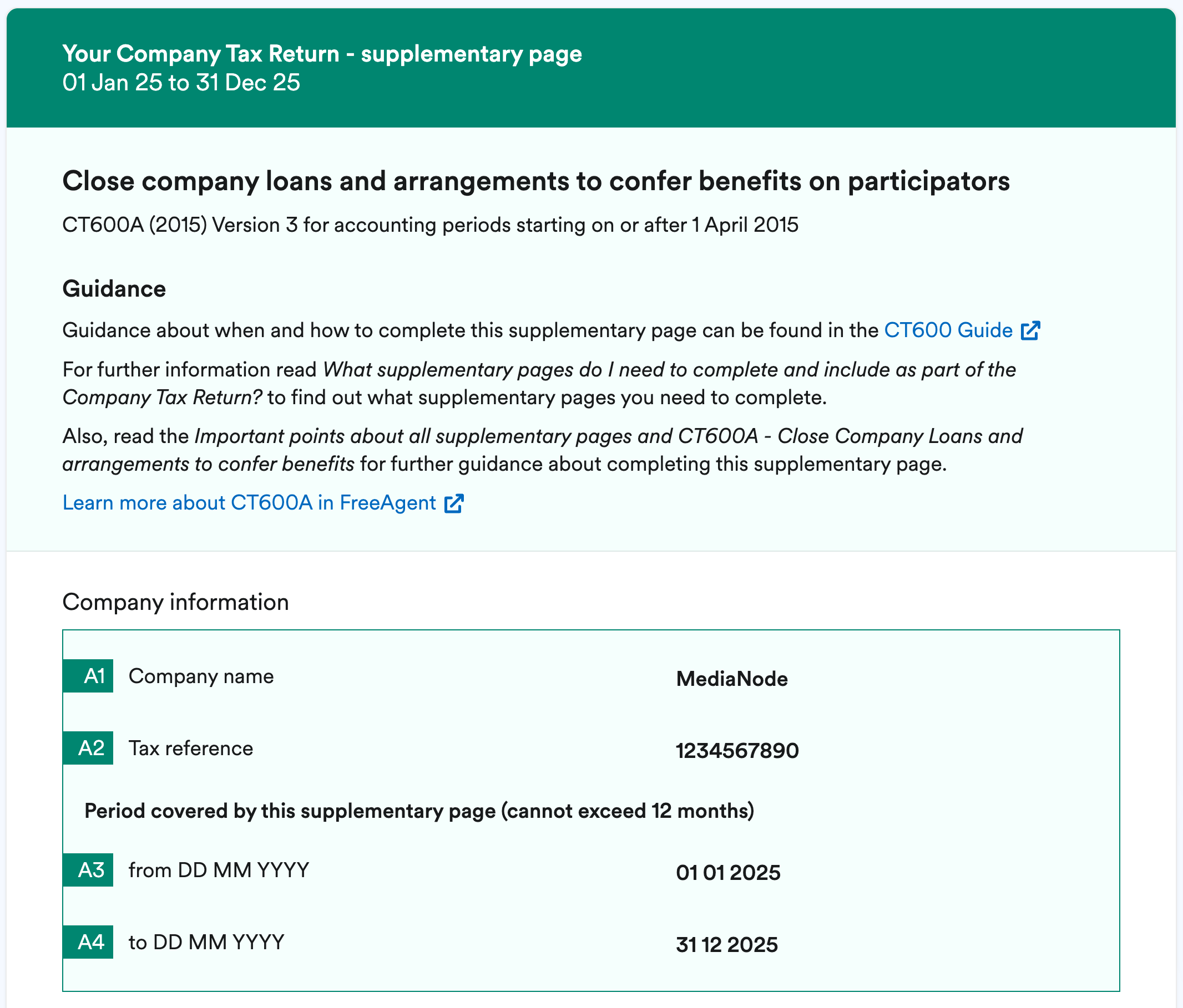 Company information section for detailing company name, tax reference and period covered.
