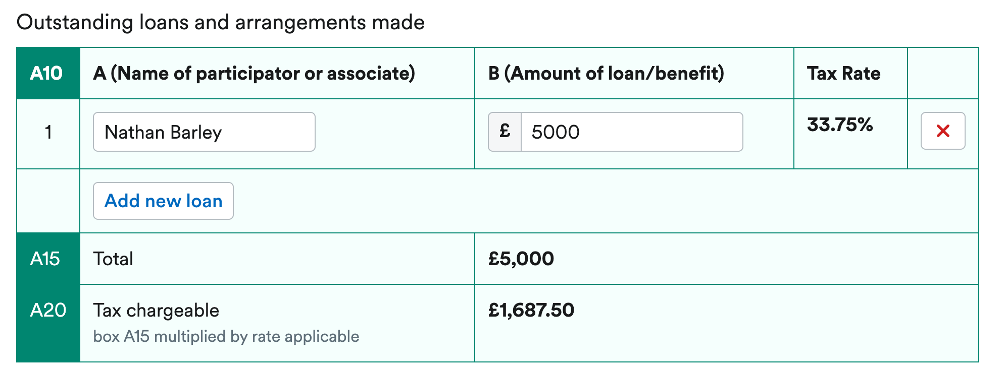 Outstanding loans and arrangements made section with example participator and amount.