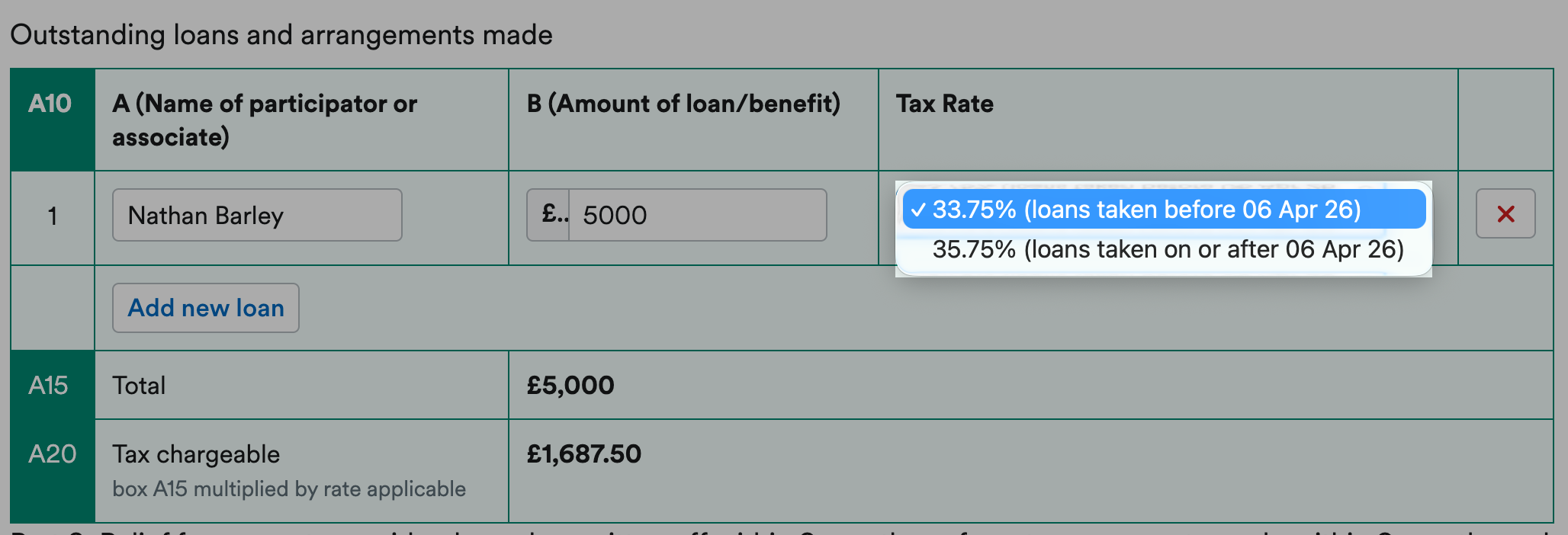 Drop-down menu of rate selections to apply to loans.