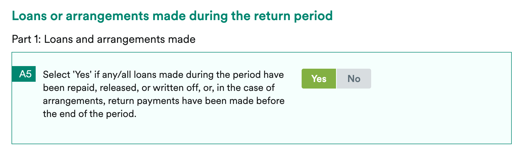 A5 box marked 'Yes'.