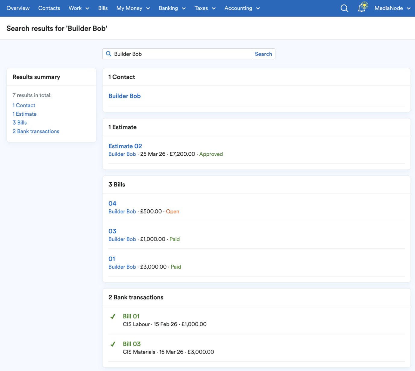 Search results for example term ‘builder bob’ showing contact, estimate, bill and bank transaction data from account.