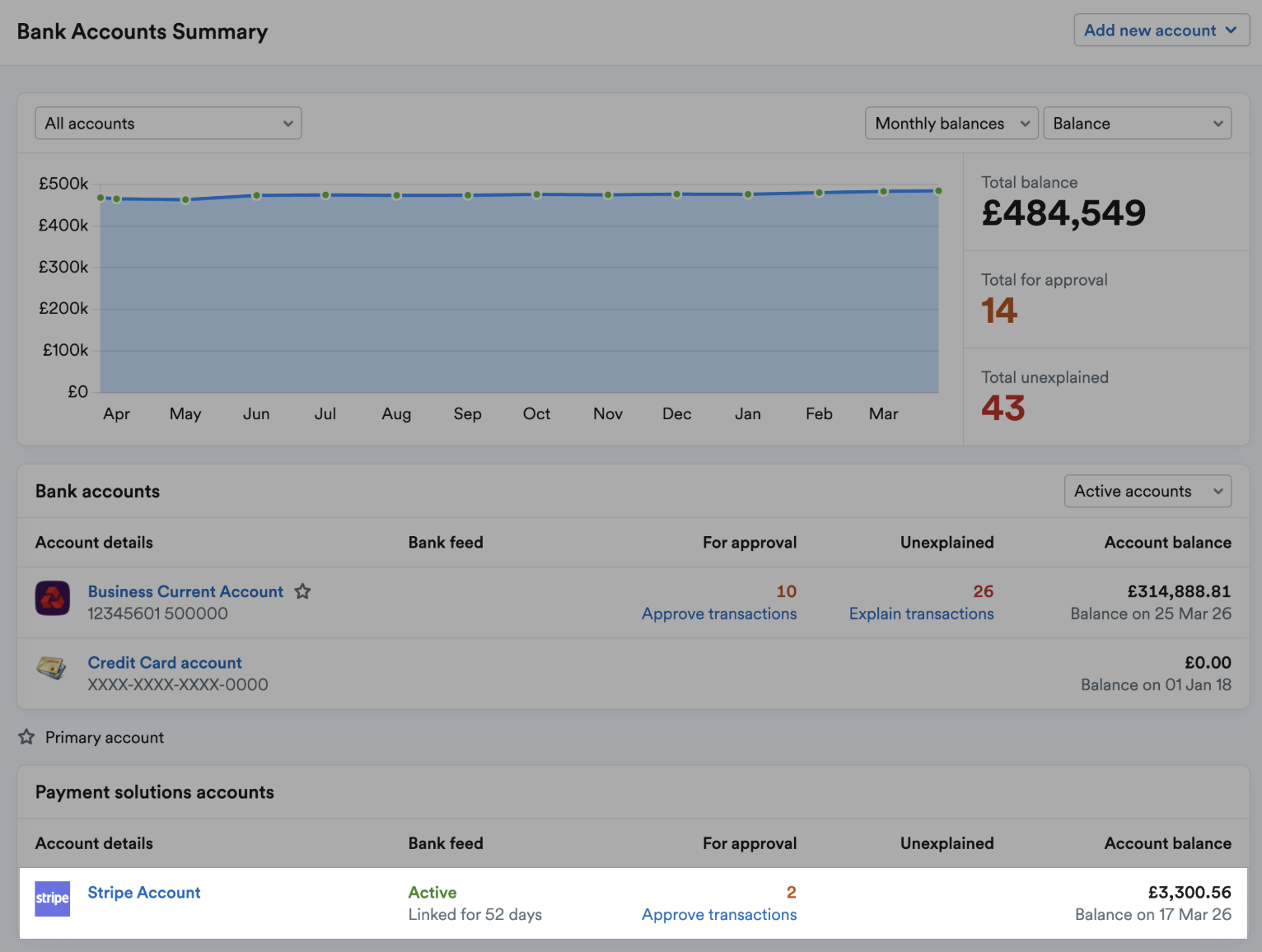 Stripe bank account highlighted on Bank Accounts Summary screen