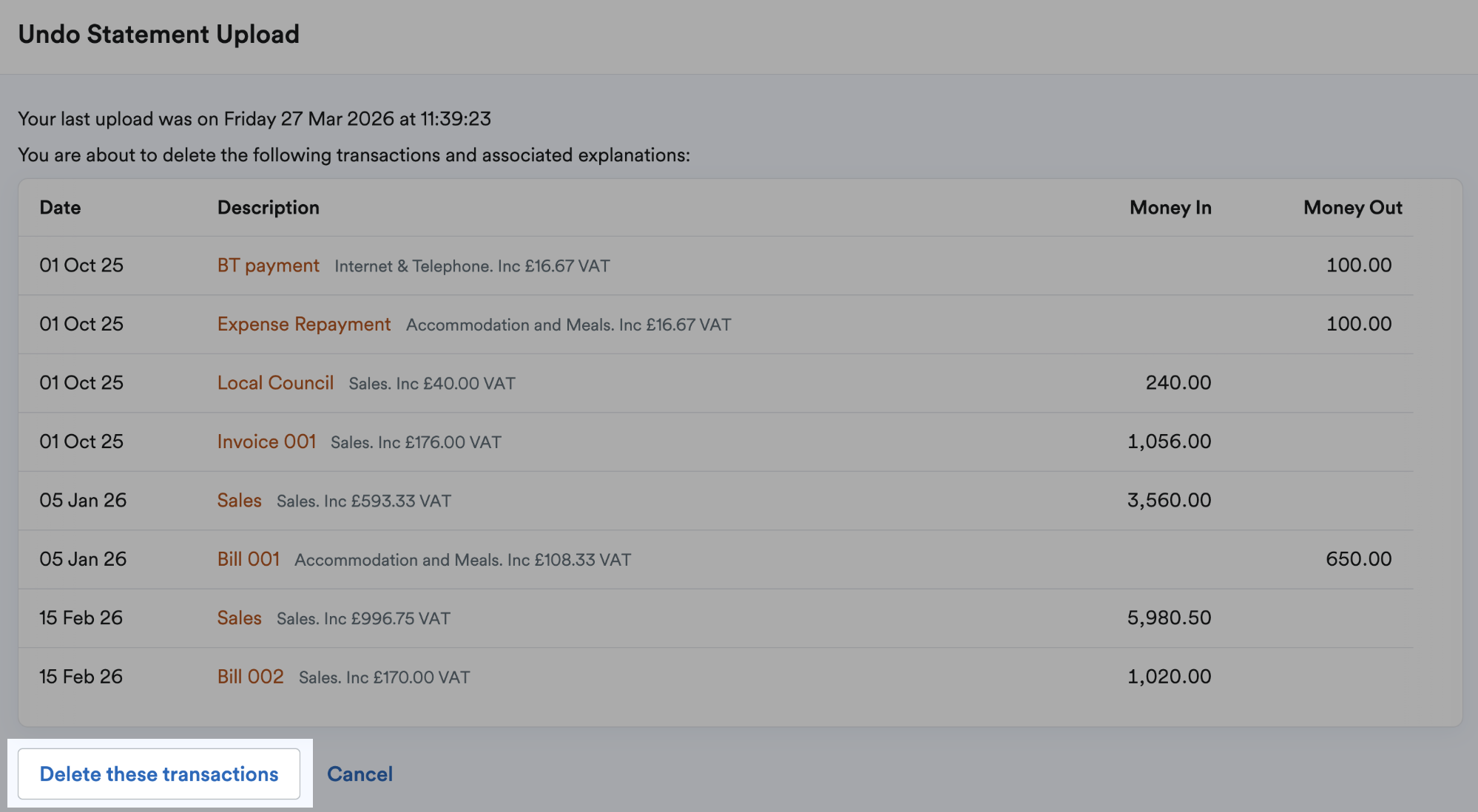 Delete these transactions button highlighted