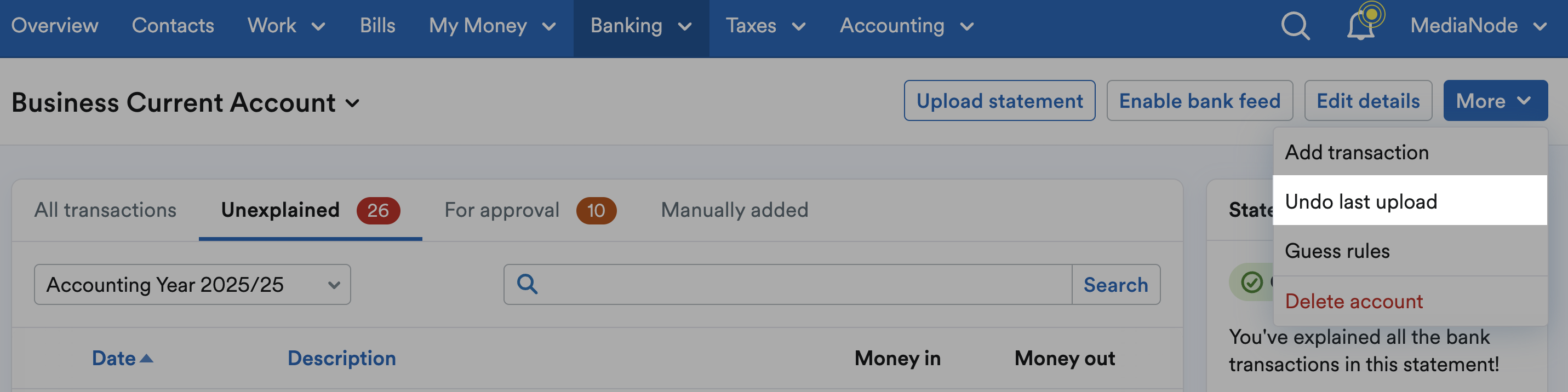 Undo last upload option highlighted within More drop-down menu