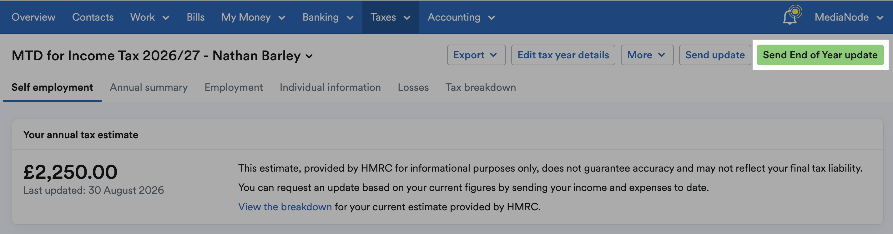 Send End of Year Update button highlighted in top-right of MTD for Income Tax area