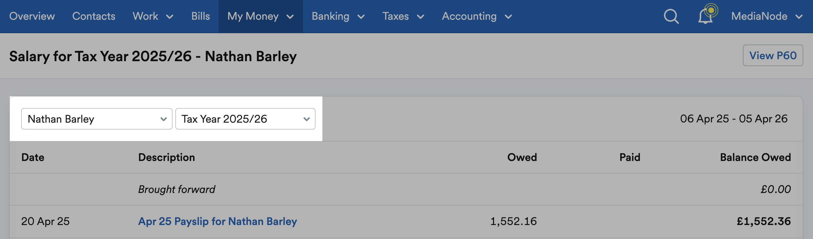 User and tax year drop-down menu's highlighted in Salary screen