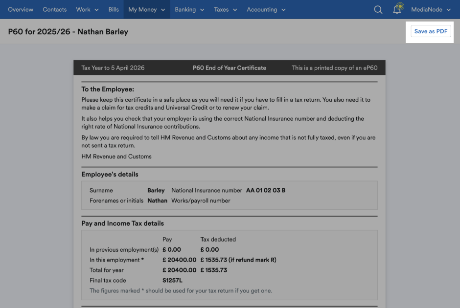 Save as PDF button highlighted at top-right of P60