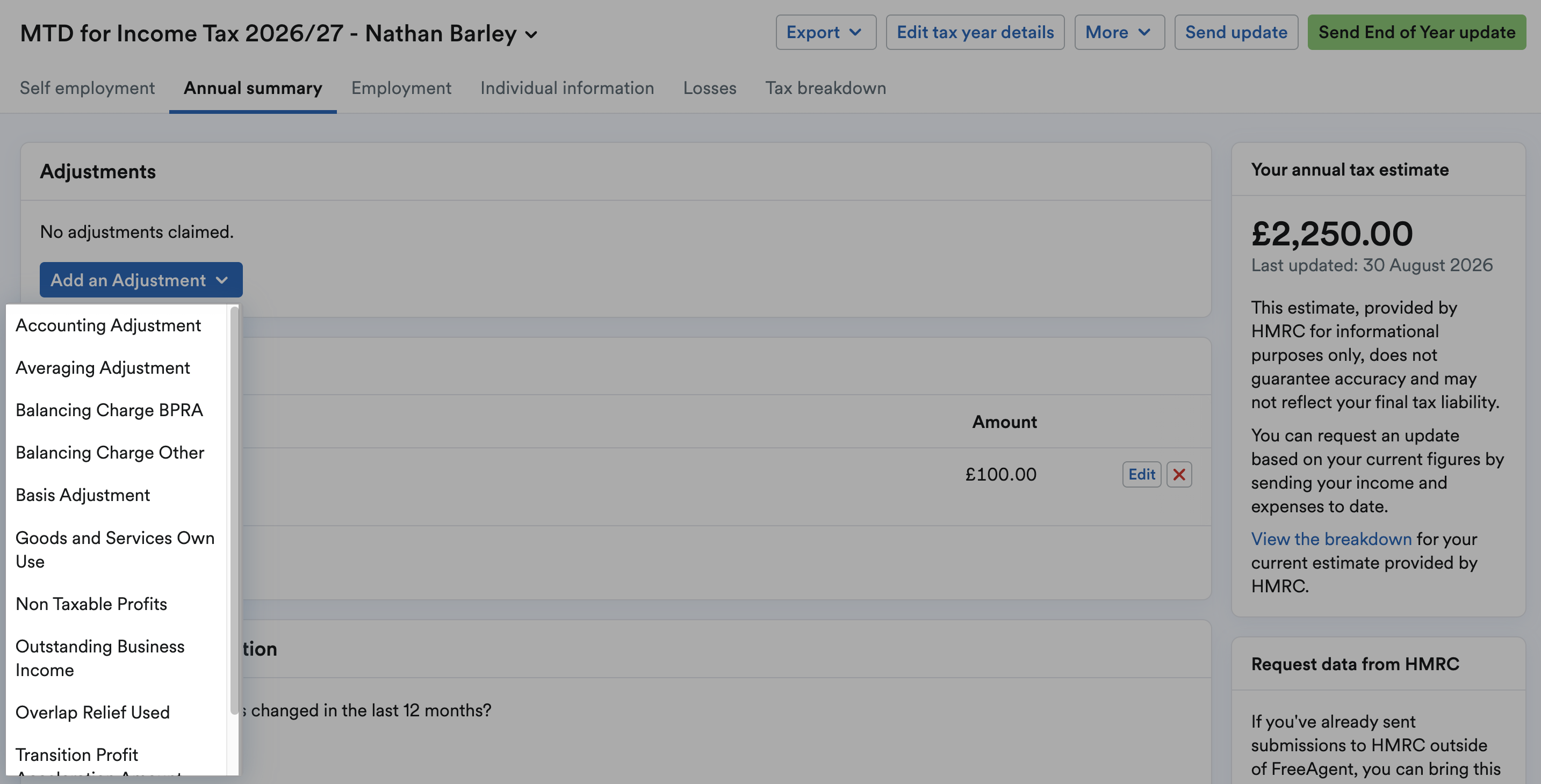 Adjustment types listed on 'Add an Adjustment' drop down menu.