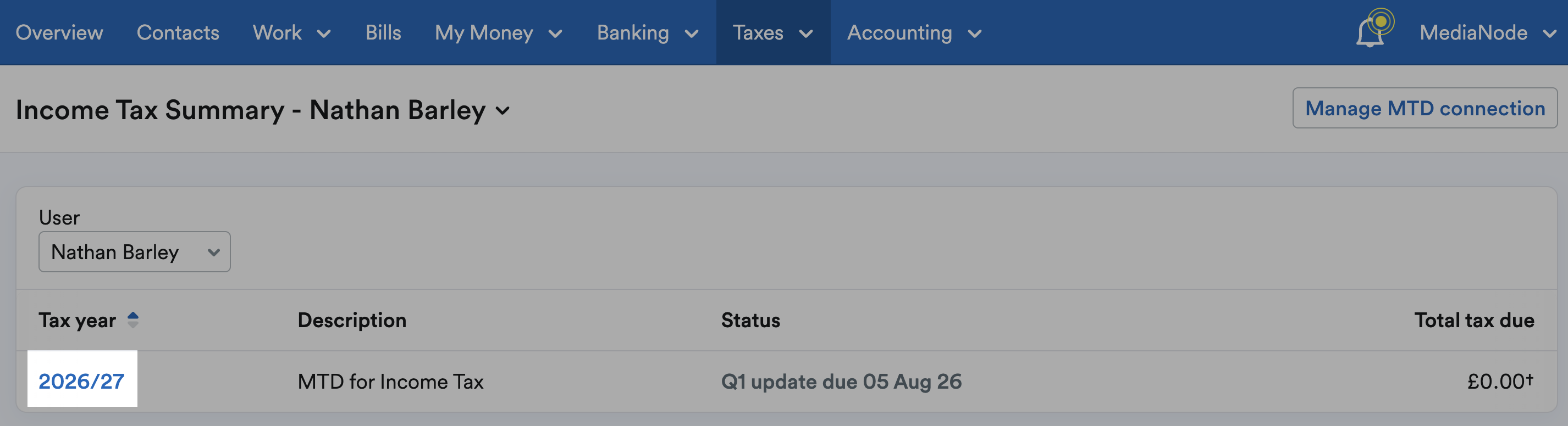 Tax year column highlighted on Income Tax Summary page.