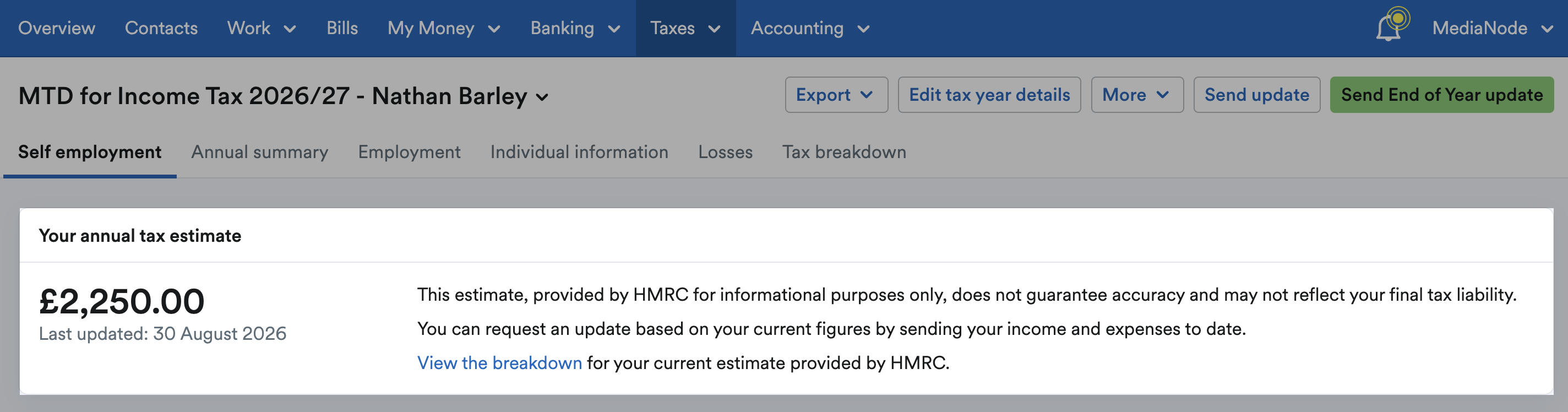 Annual tax estimate section highlighted on the Self Employment page of the MTD for Income Tax return.