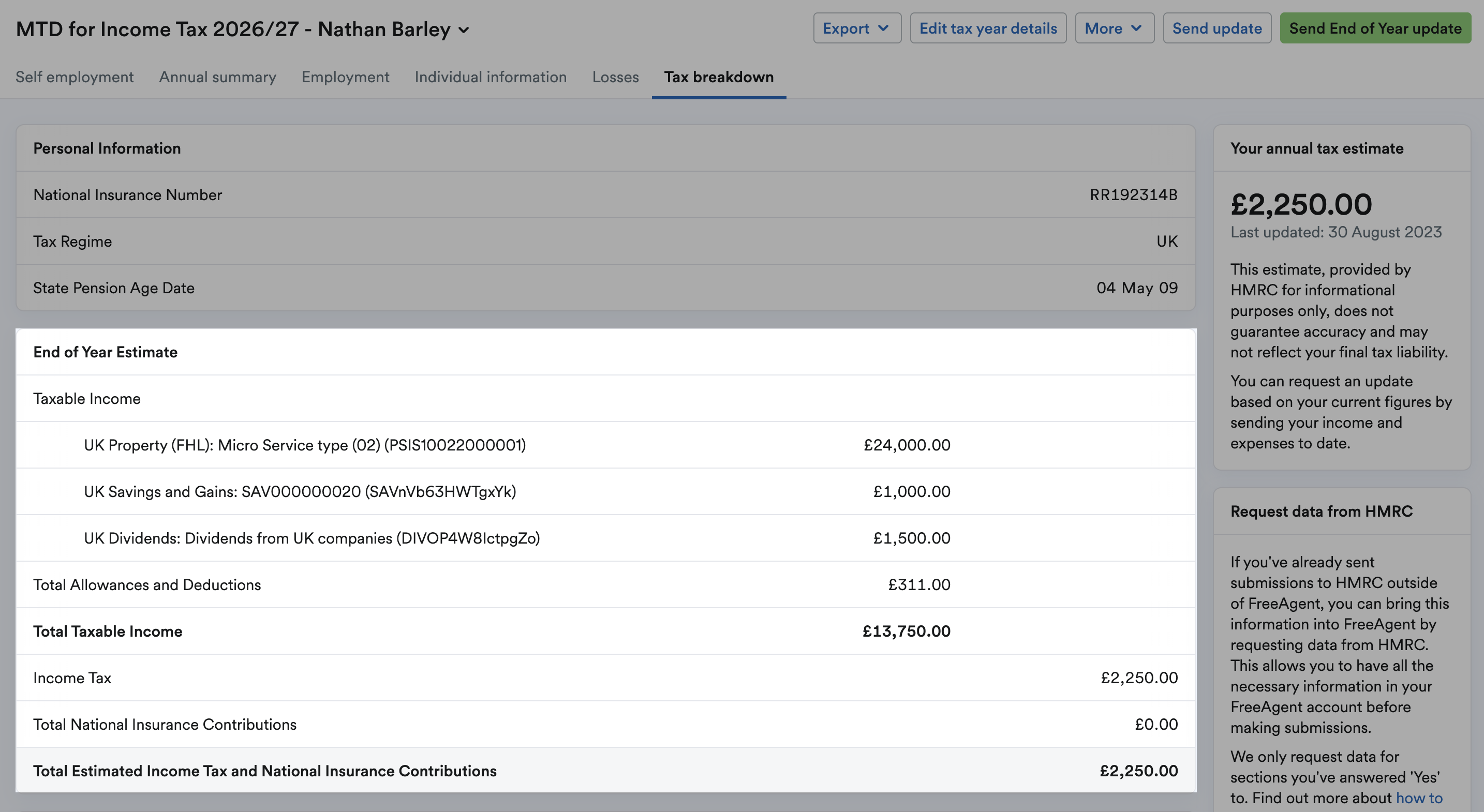 End of Year Estimate section of the tax breakdown highlighted.