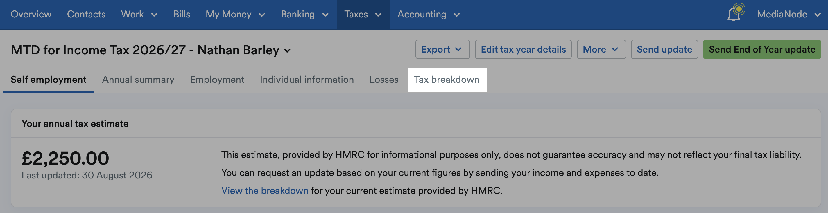 'Tax Breakdown' tab highlighted on the MTD for Income Tax return.