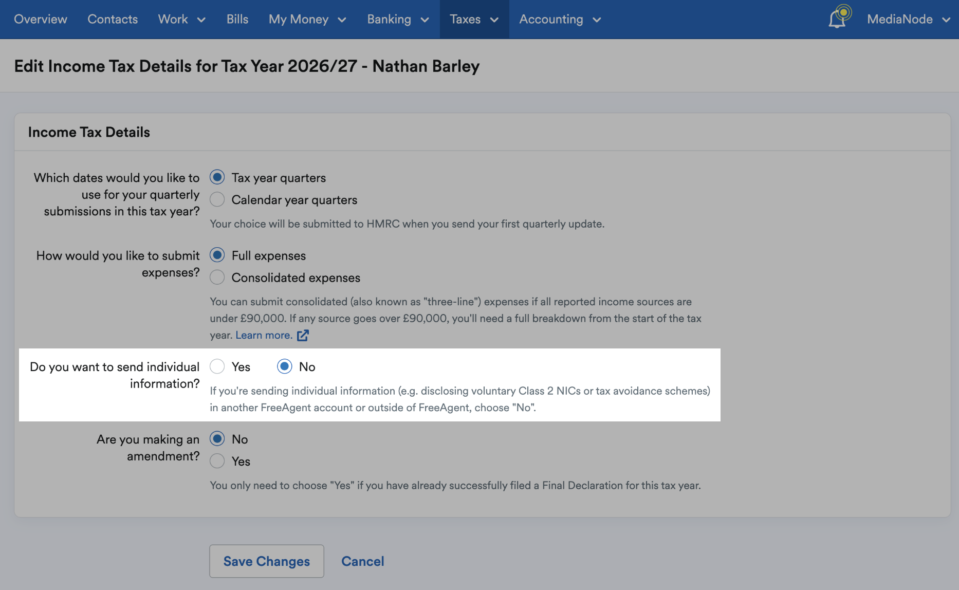 Individual information set to no