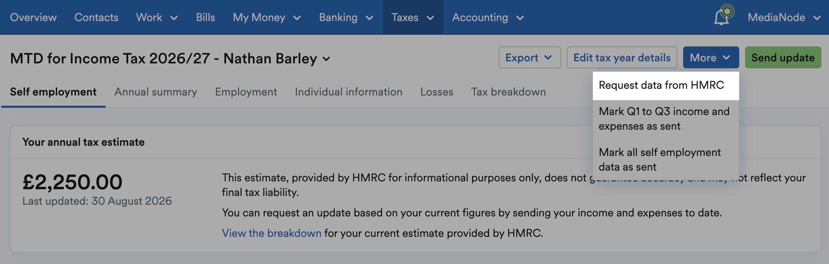 Request data from HMRC highlighted within More drop-down menu