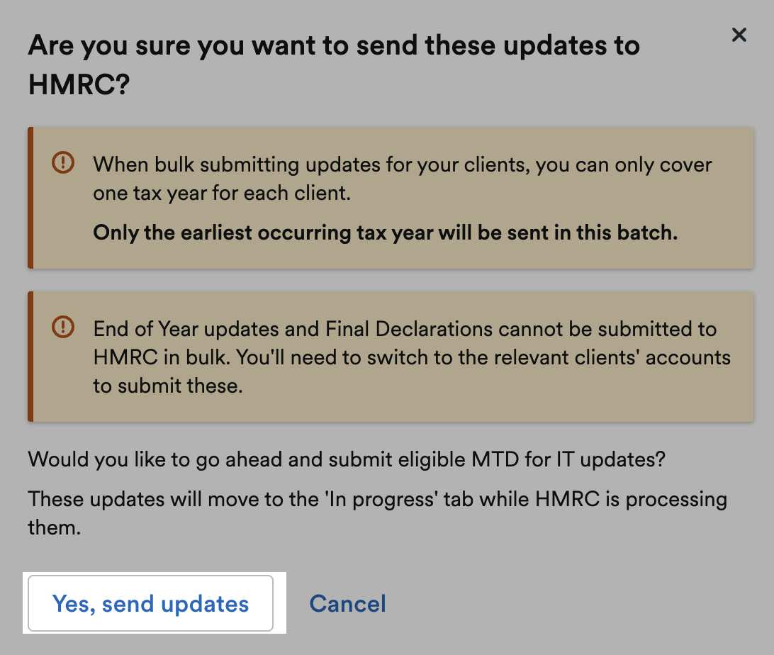 'Yes, send updates' button highlighted on 'Are you sure you want to send these updates to HMRC?' window.