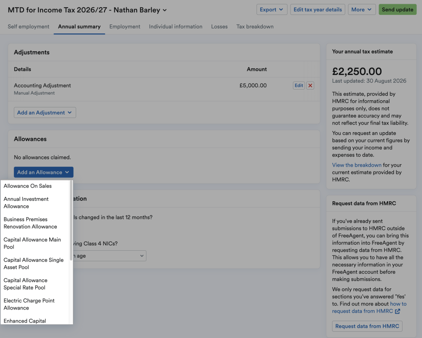 Types of allowance listed on 'Add an Allowance' drop down menu.