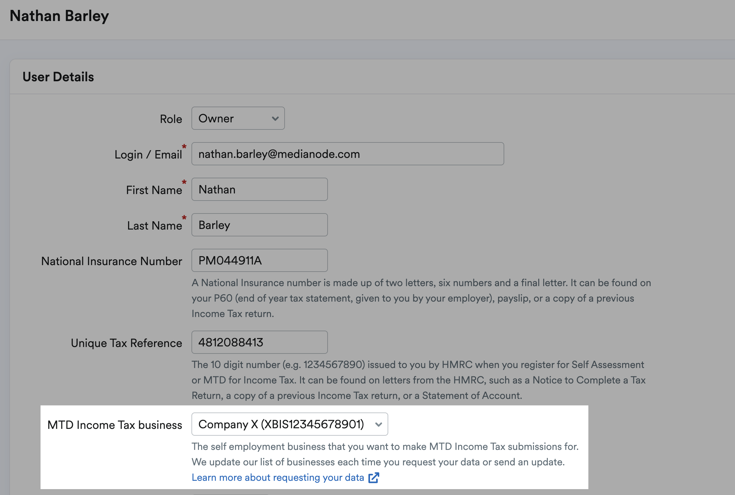 User Details section with MTD Income Tax business field highlighted.
