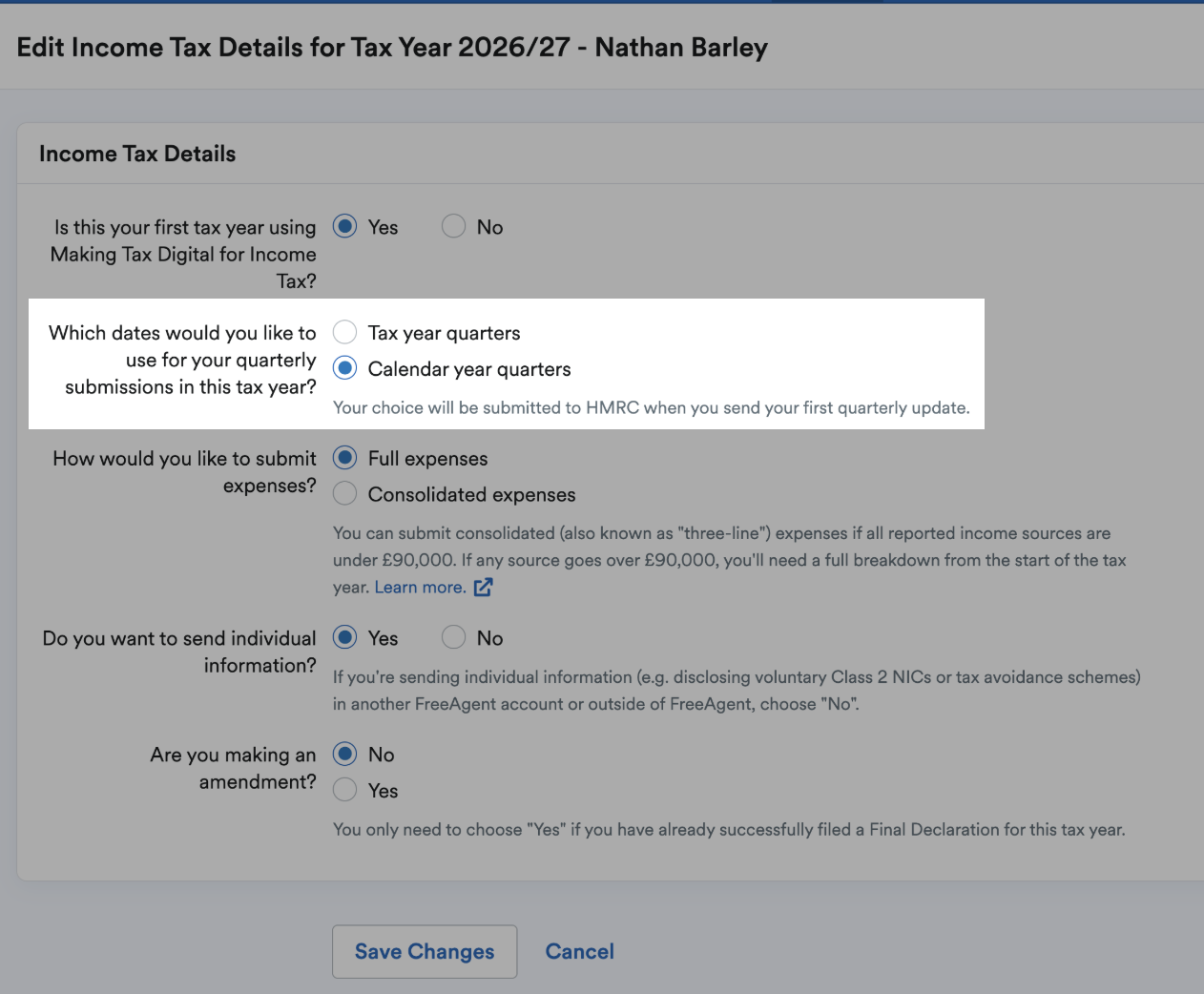 Tax year quarter, or calendar year quarter toggle highlighted in Income Tax Details section.