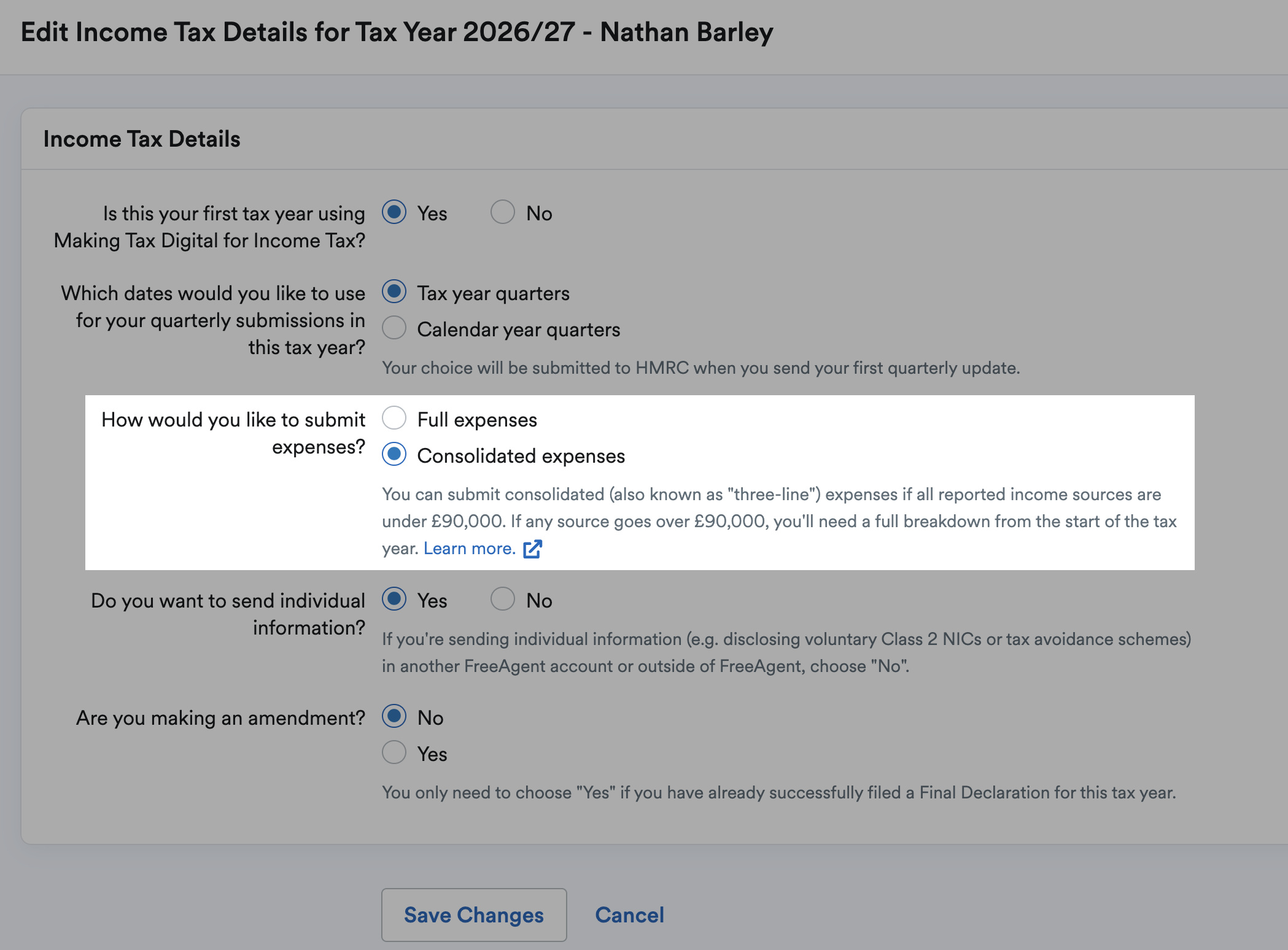 Consolidated expenses chosen for how you would like to submit expenses and highlighted