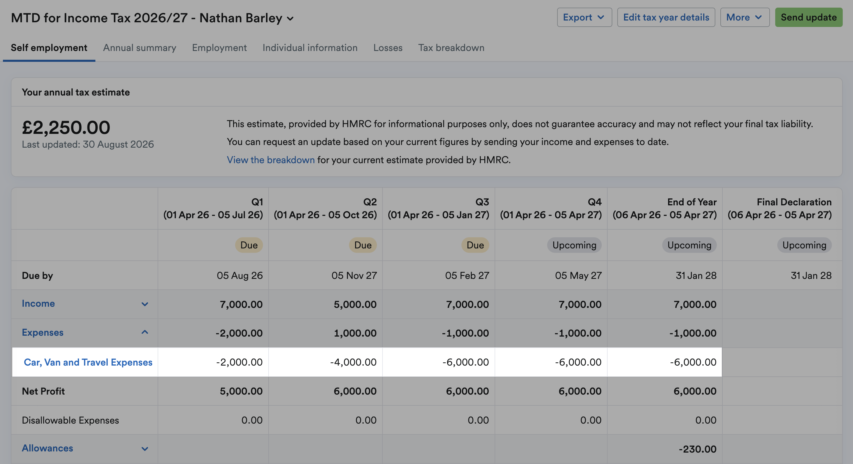 Item highlighted from Expenses list.