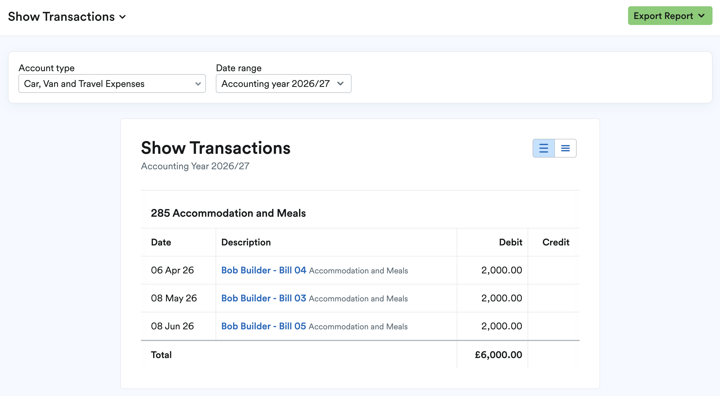 Show Transactions page with breakdown for selected Account type.