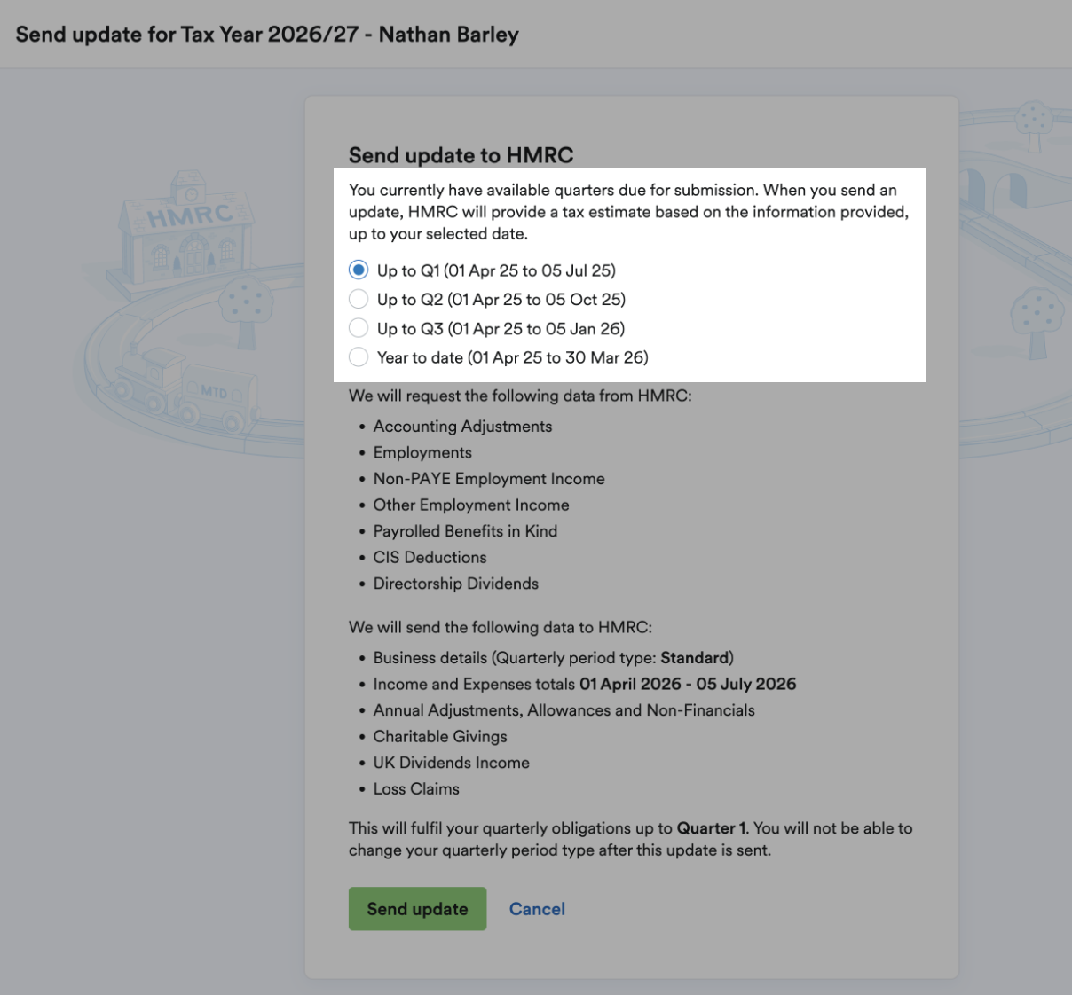 Options to select up to a specific quarter of Year to date.