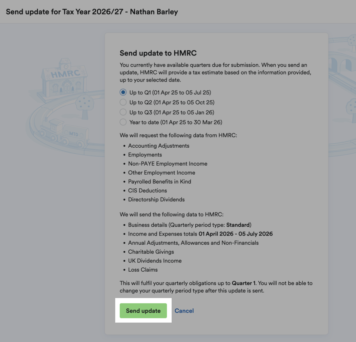 'Send update' button highlighted on Send update for Tax Year x page.