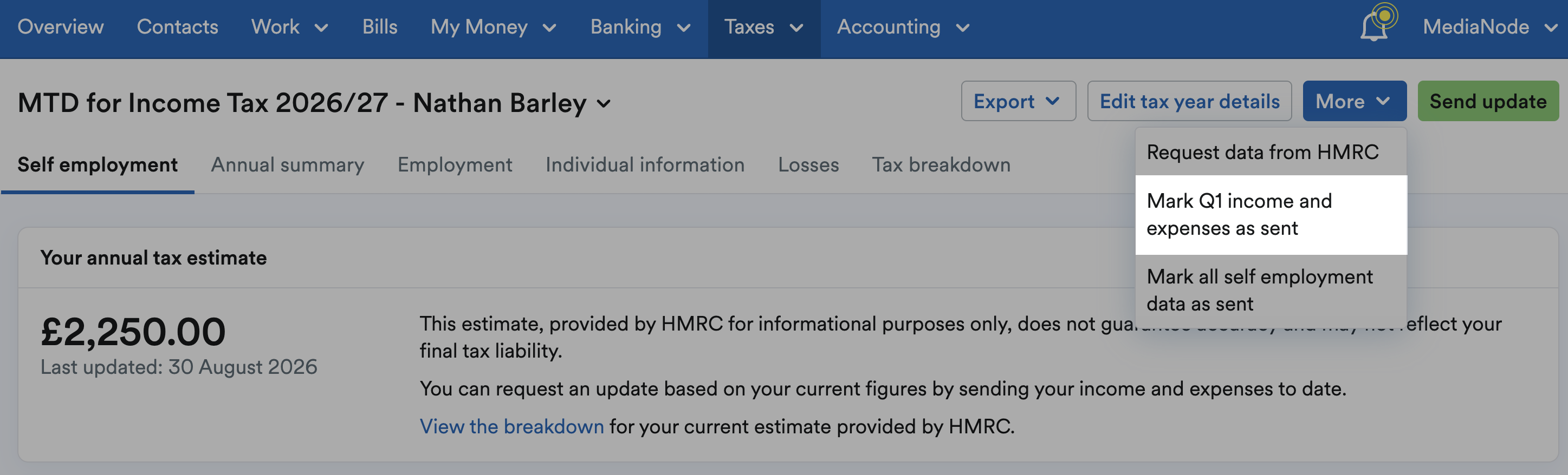 'Mark quarter income and expenses as sent' highlighted within More drop-down menu on MTD for Income Tax return