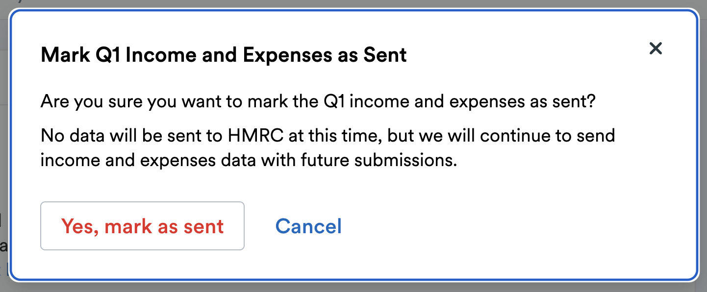 Pop-up window to confirm you want to mark the quarter(s) as sent