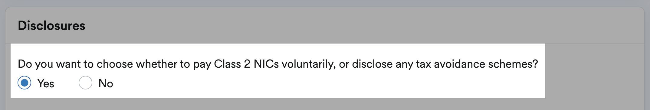 Option to choose whether or not to pay class 2 NICs voluntarily highlighted on disclosures section on Individual information page.