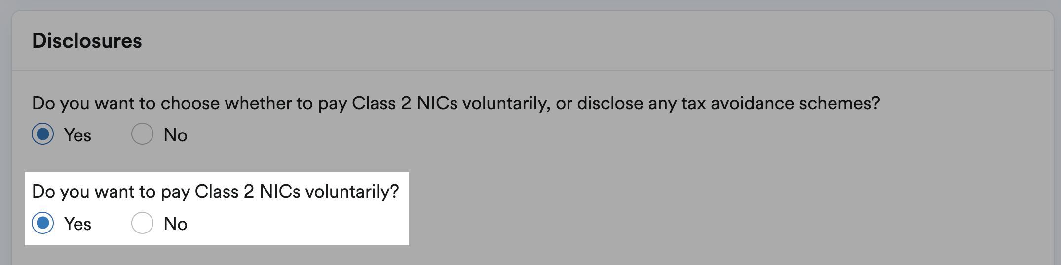 Option to choose whether or not to pay class 2 NICs voluntarily highlighted on disclosures section on Individual information page.