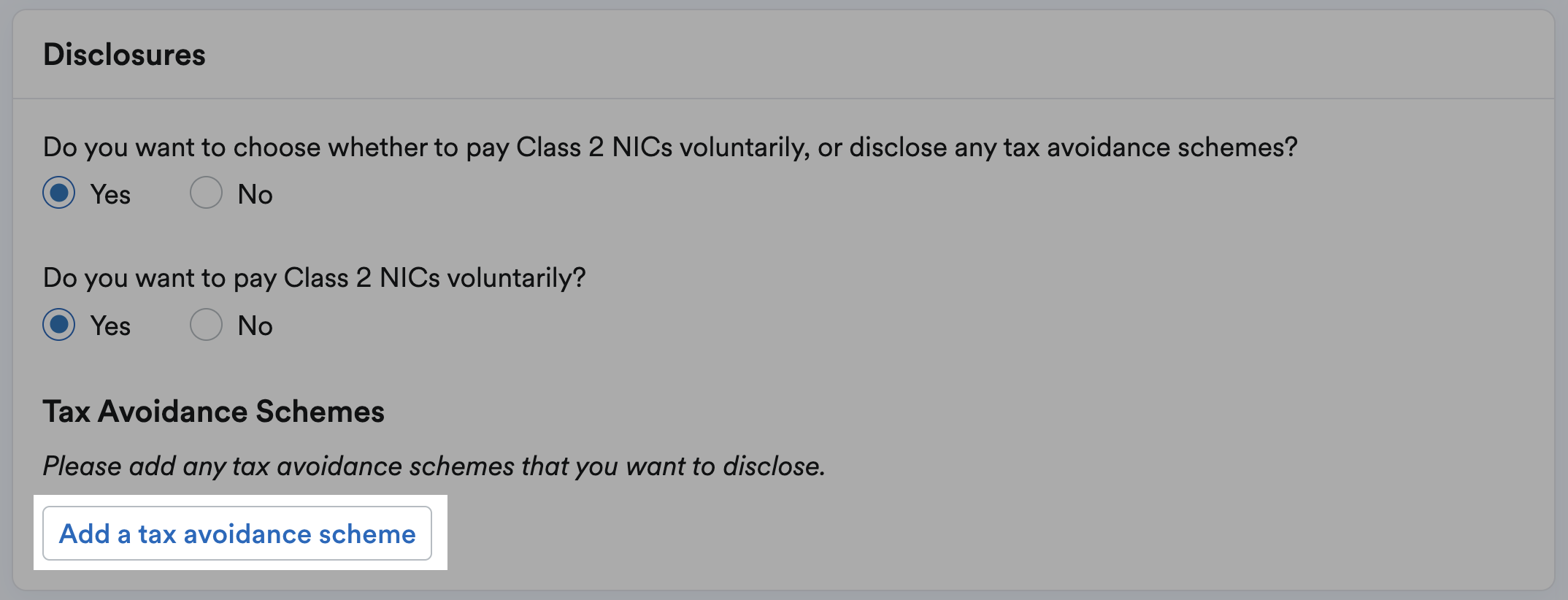 Button to 'Add a tax avoidance scheme' highlighted in the disclosures section of individual information page.
