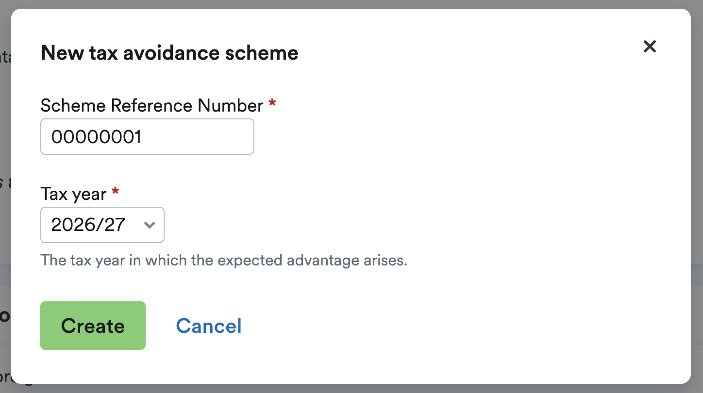 Pop up window to enter details of the tax avoidance scheme.