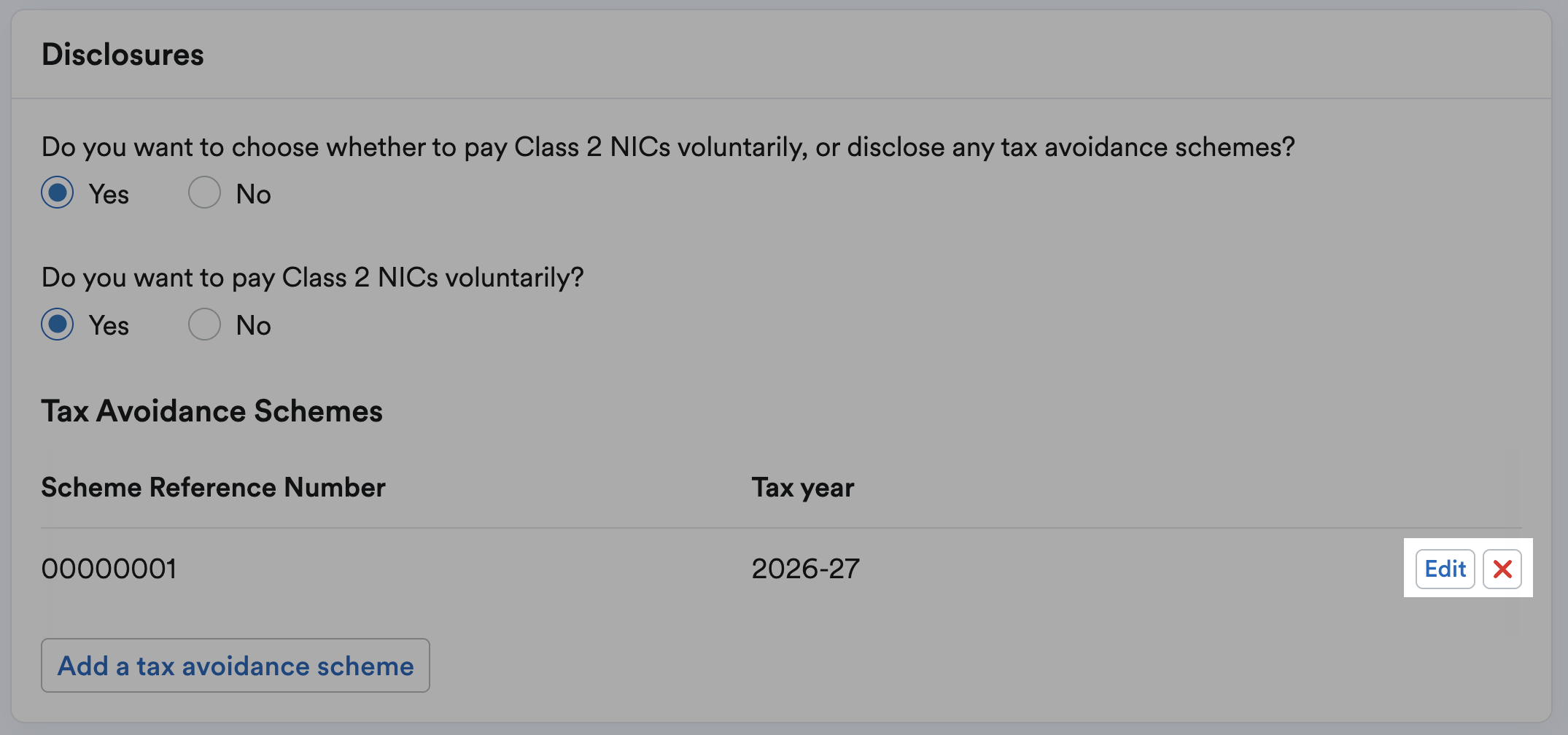 'Edit' and red cross  ('x') buttons highlighted next to a listed tax avoidance scheme.