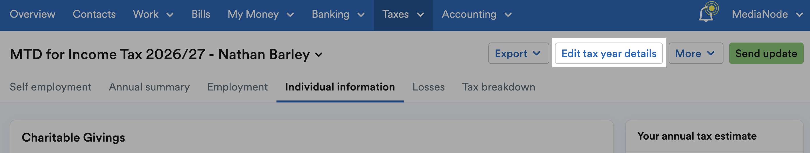 Edit tax year details button at top-right of individual information page
